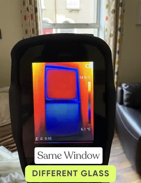 Side-by-side comparison of old failing double glazing versus modern A-rated energy-efficient glass, showing the benefits of a double glazing upgrade