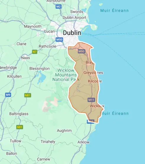 Service area map showing South Dublin and North Wicklow where P Fahy Glazing Ltd provides window repair, glass replacement, and mirror installation services.